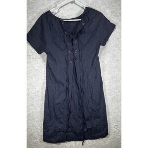 Unbranded Navy Blue Shift Dress Front Tie Linen Size Small ( see measurements)